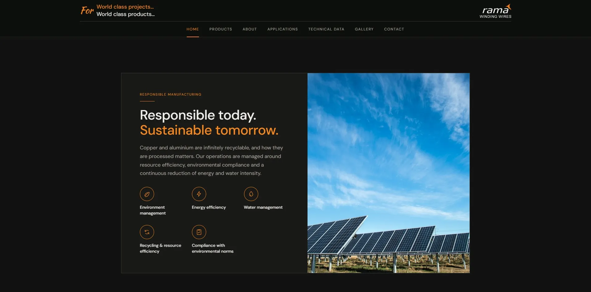 Rama Winding Wires website designed and built by Red Dot Consultancy, sustainability on desktop