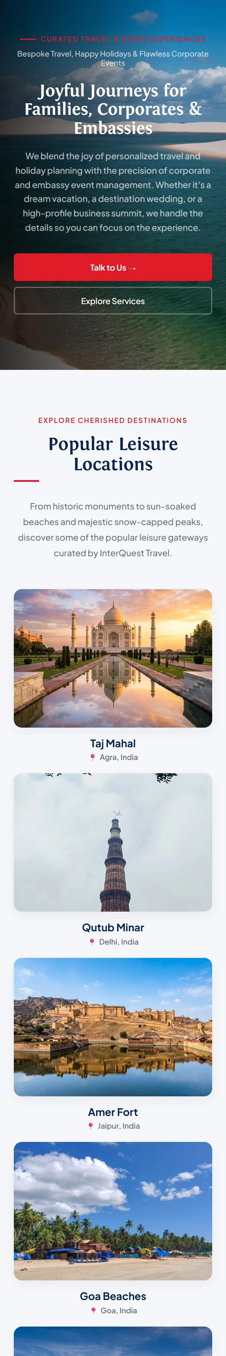 InterQuest Travel website on a phone, home