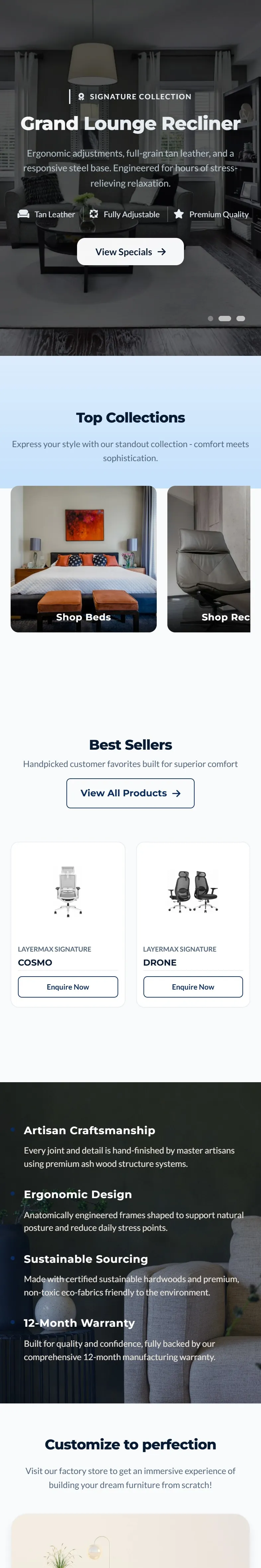 Layermax website on a phone, home