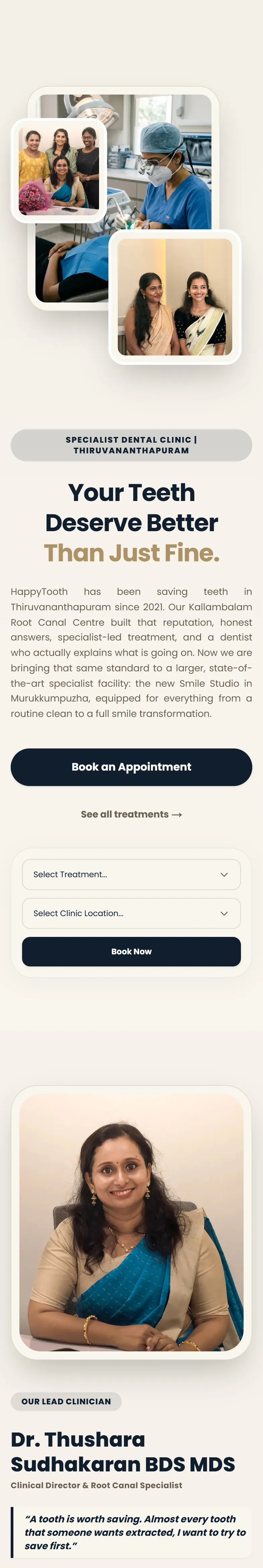 HappyTooth Dental website on a phone, home