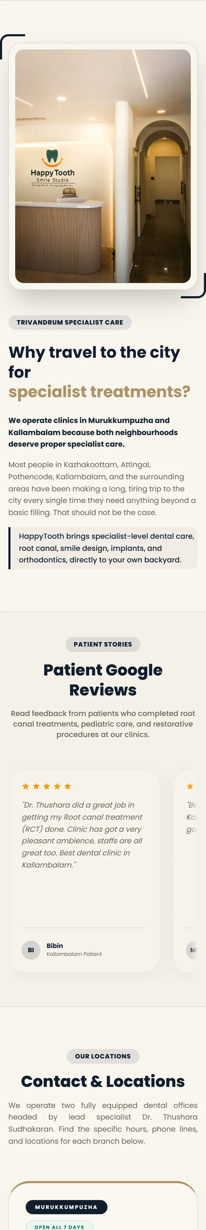 HappyTooth Dental website on a phone, specialist care
