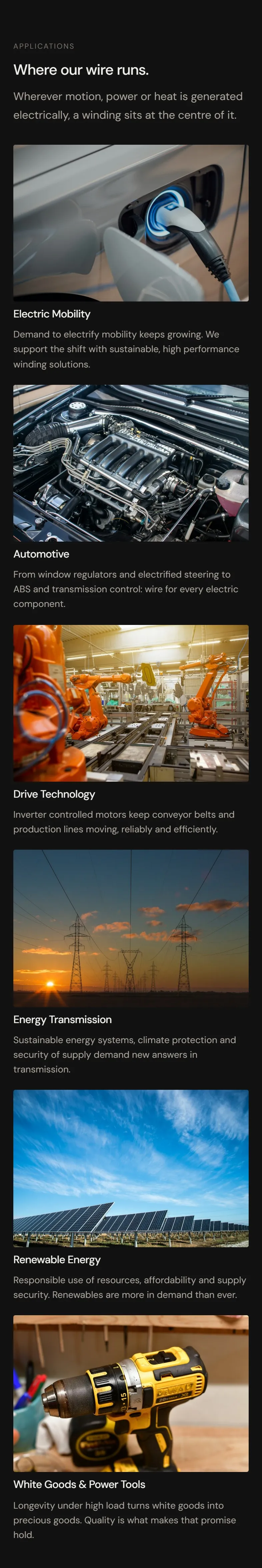Rama Winding Wires website on a phone, applications