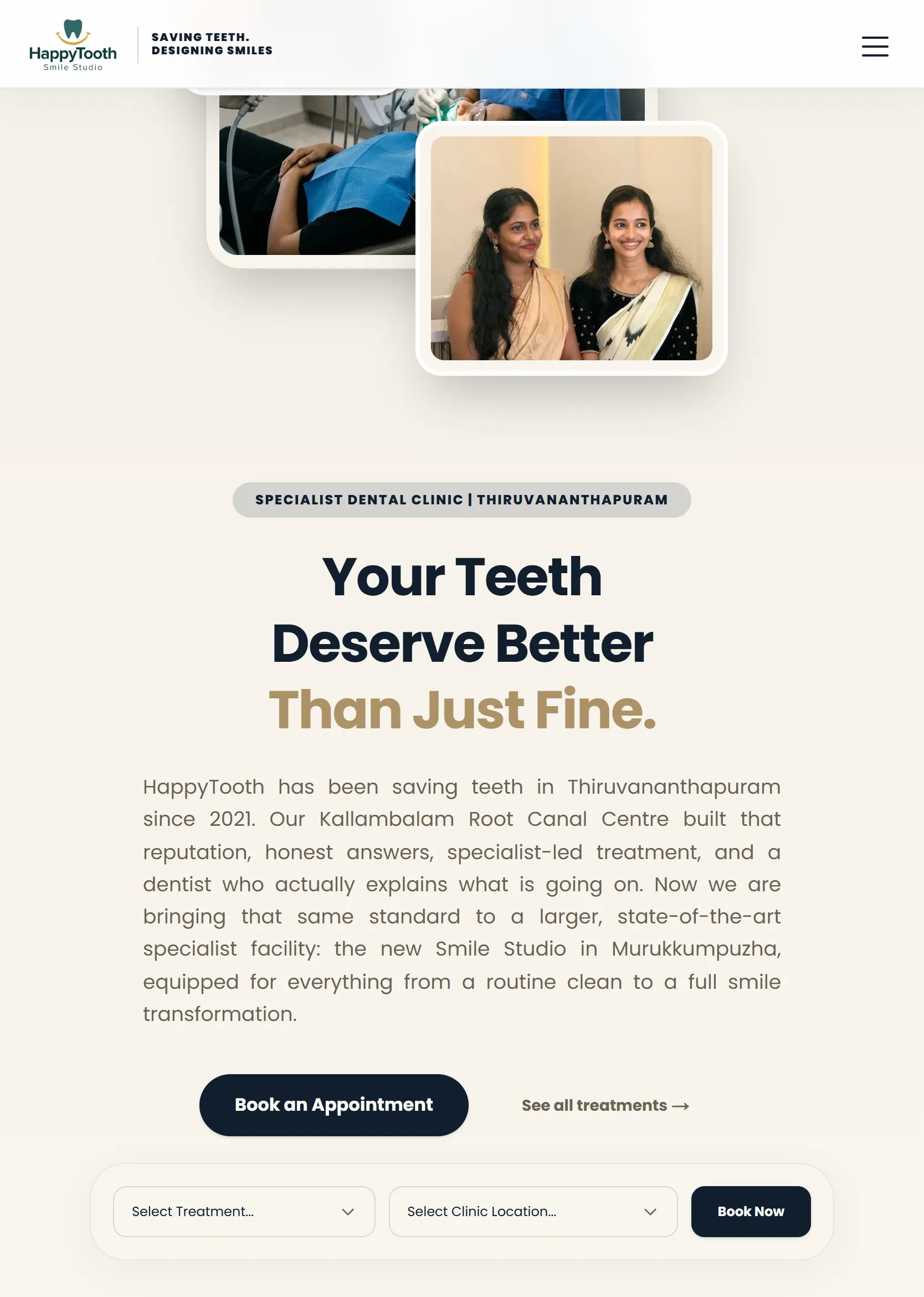 HappyTooth Dental website on a tablet, home page